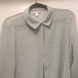 LC Lauren Conrad Sage Green Pearl Embellished Sheer Chiffon Blouse Womens Medium